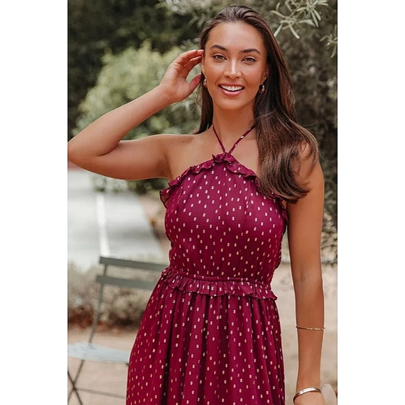 LAST ONE! Gold Polka Dot Halter Maxi Dress With With Ruffles - Picture 7 of 7